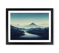 Japanese Forest Mountains Framed Wall Art Print A2 Black