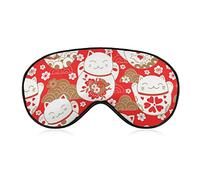 Japanese Fortune Cat Golden Sleep Mask Cherry Flowers Blindfold for Sleeping Elastic Blackout Eye Mask Cover for Full Night's Sleep Travel and Nap