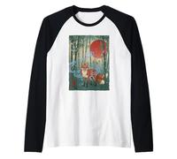 Japanese Fox Spirit Bamboo Forest Sunset Art Raglan Baseball Tee