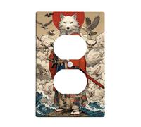 Japanese Fox Warrior Light Switch Cover Plate/Outlet Covers, White and Red Samurai Style for Home Decor, Thermoplastic Wall Plates, Standard Size Single Duplex Outlet