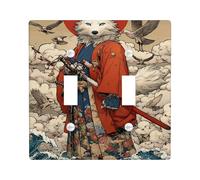 Japanese Fox Warrior Light Switch Cover Plate/Outlet Covers, White and Red Samurai Style for Home Decor, Thermoplastic Wall Plates, Standard Size Double Toggle