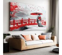 Japanese Framed Canvas Wall Art 40 x 30 cm, Geisha Red Bridge Umbrella Artwork Wall Canvas Pictures Decorations Wall Painting, Art Prints for Bedroom Study Living Room