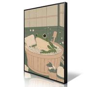 Japanese Frog In A Bathtub Wall Art, Japandi Bathing Frog Poster, Funny Bathroom Wall Picture, Cute Animal In Bathtub Relaxing Print, Green Wabi Sabi Japan Painting for Restroom 12x16in Framed