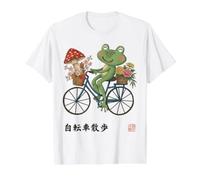 Japanese Frog Riding Bicycle Cottagecore Floral Garden Value Graphic T-Shirt, Men, White, XL