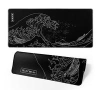 Japanese Gaming Mouse Pad Black Mouse Pad Kanagawa Large Mousepad Non-Slip Rubber Base Waterproof with Stitched Edges for Gaming Office Home, 31.5x11.8 Inch (Black Wave)