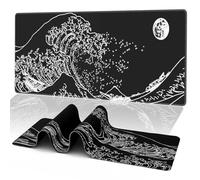 Japanese Gaming Mouse Pad-Large Black Mouse Pad Anime Extended Kanagawa Mosue Mat Desk Pad 3mm Thick Long Non-Slip Rubber Base with Stitched Edges for Gaming Office Home, 31.5 X 11.8 Inch