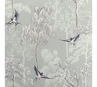 Japanese Garden Wallpaper Birds Tress Floral Grey Lilac
