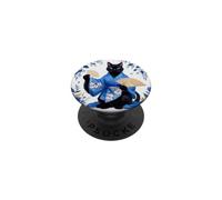 Japanese Geisha Cat Blue Kimono & Flowers PopSockets Adhesive PopGrip