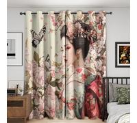 Japanese Geisha Curtains Blackout, 52x84 Inch 2 Panels - Girls Butterfly Pink Floral Pattern Black Out Curtains, Home Decor, 84 Drop Eyelet Window Drapes for Bedroom, Living Room S158