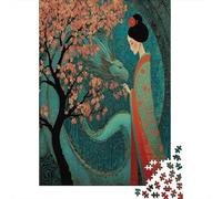 Japanese Geisha Jigsaw Puzzles. 38x26cm/1000pcs Dragon Wrapped Around Sakura Tree Whimsical Challenge Toy for Educational Games Gifts