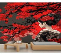 Japanese Geisha Mural Red Maple Leaf Tree Mural Wallpaper Fall Wallpaper Dark Gray Wall Paper for Bedrooms Living Room Poster 300X210cm