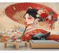 Japanese Geisha Murals Flower Art Deco Wallpaper Elegant Wallpaper Traditional Oriental Art Bedroom Wall Paper for Bedroom Living Room Mural Poster 500X300cm