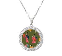 Japanese Geisha Necklace For Women Charm Circle Pendant with Crystals Dainty Jewelry