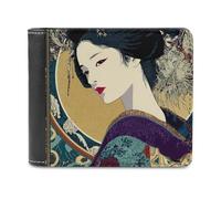 Japanese Geisha Ukiyo-E Men's Leather Wallet Bifold Purse Card Holder Slim Money Clip Single-Sided Print