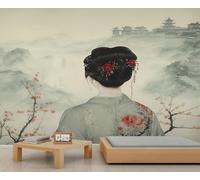 Japanese Geisha Wallpaper Ink Painting Landscape Wall Paper Mural Mountain Girl Wallpaper Oriental Architecture Wall Paper for Living Room Bedroom Mural Poster 500X350cm
