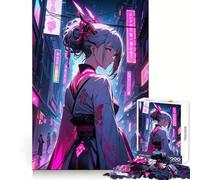 Japanese Geisha with Neon Cityscape 1000 Piece Jigsaw Puzzle for Teenagers Sharp Logic Home Fun Family Pastime Room Accent (38x52cm)