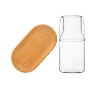Japanese Glass Water Carafe Set Jug with Tray and Cup, 17oz | Minimal Bedside Serving Design, 5oz Drinking Vessel, Wood and Glass Construction, Suitable for Milk or Beer