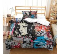 Japanese Graffiti Duvet Cover 2 Pieces 3D Printed STREET ART Microfiber Quilt Cover with 1 Pillow Cases Hidden Zipper for Adults Kids Single（135x200cm）