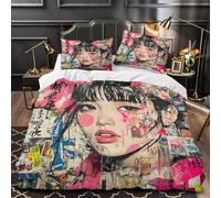 Japanese Graffiti Duvet Cover Set Reversible Printed Bedding Tokyo Street Art Quilt Covers with Zipper Closure, 3 Pieces, Soft Lightweight Microfiber Super King（260x220cm）