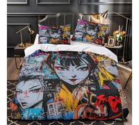 Japanese Graffiti Reversible Bedding Set 3 Pieces Printed Tokyo Street Art Duvet Cover Sets with Pillowcases Soft Microfiber Super King（260x220cm）