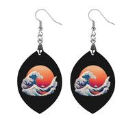 Japanese Great Wave Sun Women's Wooden Earring Apricot Shaped Dangle Earrings Pendant Jewelry