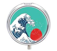 Japanese Great Waves Blue Waves Iron Pill Box Case Organizer with Internal Separate Plastic Dividers, Travel Small Medicine Bag Holder Carrier Round Container