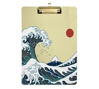 Japanese Great Waves Plastic Clipboard A4 Letter Size PVC Writing Board with Low Profile Gold Metal Clip Hardboard for School, Office 12.5x9 Inch