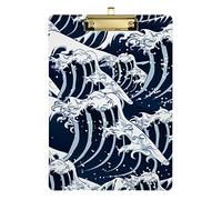 Japanese Great Waves Plastic Clipboard A4 Letter Size PVC Writing Board with Low Profile Gold Metal Clip Hardboard for School, Office 12.5x9 Inch