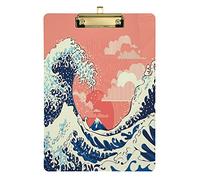 Japanese Great Waves Plastic Clipboard A4 Letter Size PVC Writing Board with Low Profile Silver Metal Clip Hardboard for School, Office 12.5x9 Inch