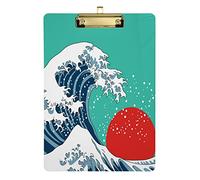 Japanese Great Waves Plastic Clipboard A4 Letter Size PVC Writing Board with Low Profile Silver Metal Clip Hardboard for School, Office 12.5x9 Inch