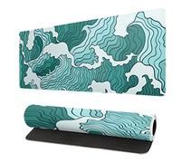 Japanese Green and White Wave Extended Mouse Pad 31.5x11.8 Inch Wave Desk Mousepad Extended Large Non-Slip Rubber Base Waterproof Big Keyboard Mat with Stitched Edges for Gaming and Office