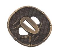 Japanese Guard Metal Fitting for Wakizashi Repair Restorations | Golden Finish, 7.30x7.10x0.50cm Size, Bamboo Leaf Carved Motif, Collectors and Enthusiasts