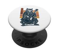 Japanese Guitar Cat Samurai Retro Electric Guitar Vintage PopSockets Adhesive PopGrip