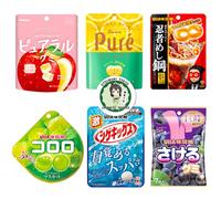 Japanese Gummy Candies 6pcs Set, 13oz, Various Chewiness, Soft, Hard, Fruity, Soda, Cola, Great for Snacks or Gifts, HiChew Candy included as an Extra