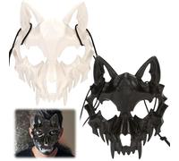 Japanese Halloween Mask, Pack of 2 Werewolf Cosplay Skull Mask, Black White Half Face Terrifier Mask, Anime Mask, Therian Mask, Funny Masks, Halloween Costume, Party Decoration Mask (B)