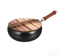 Japanese Hand-Forged Iron Pan with Wooden Lid, Non-Stick Without Coating, Uncoated Wok for Induction Cooker, Gas Stove, Stir Fry & Daily Cooking(Size:28cm/11in+Glass Cover)