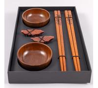 Japanese Handmade Wooden Chopsticks Wooden Wooden Chopsticks Natural Lotus Tree Sushi Chopsticks Includes Japanese Soy Sauce Holder and Bowl (2 Pairs of Chopsticks with Stands and 2 Bowls)
