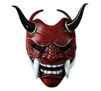 Japanese Hannya Samurai Mask - Scary Full Face Latex Oni With Fangs and Ox Horn - Horror Devil Costume for Halloween Masquerade, Red