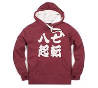 Japanese Hoodie Shichiten Hakki/Nanakorobi Yaoki Japan Calligraphy Positive Motivational Jumper with Thumb Hole Cuffs Sweatshirt Hooded Top (XXL, Wine)