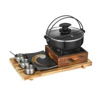 Japanese Hot Pot Set, Authentic Sukiyaki Nabe Cooker with Cast Iron Pot, Charcoal Stove, Wooden Base for Home Dining & Camping