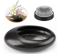 Japanese Ikebana Flower Frog Vase Set - 1.57in Black Stainless Steel Florist Frog with Ceramic Water Drop Vase, Floral Arrangement Kit for Cut Flowers, Elegant Home Table Centerpiece Decor