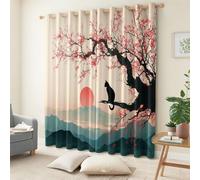 Japanese Ink Painting Eyelet Curtains Sunset Black Cat Cherry Blossom Tree Soft Thermal Insulated Blackout Curtains Beige Ring Top Window Drapes, for Bedroom Living Room 46" W x 54" L 2 Panels