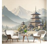 Japanese Ink Painting Style Wallpaper Mural, 3D Snow-Capped Mountains Loft Buildings Photo Wallpaper,200×140 cm Silk Cloth Wall Art Roll Wallpapers for Wall Covering,Green