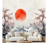 Japanese Ink Painting Sun Mural Red-Crowned Crane Blossom Wallpaper 300x210 cm Nature Mountain Non-Woven Wall Paper Peel and Stick Wall Art for Bedroom Living Room Home Decor Qe228D