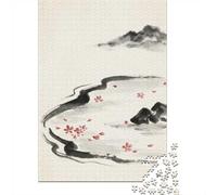 Japanese Ink Painting with Cherry Blossoms 1000-Piece Puzzle for Adults, 38x26cm/1000pcs; A Weekend Activity at Your Own Pace; White Cardboard for Simple Sorting