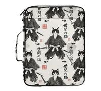 Japanese Ink Samurai Cat Art File Storage Organizer Waterproof 3 Ringing Zipper Binder with Zipper Closure for Home Office