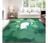 Japanese-inspired Anime Fresh Subtle Therapeutic Area rug 140 x 200 cm, Green White Lotus Pond Lotus Leaves Cat Short Pile Indoor Carpet for Children’s Room, Non Slip Washable Carpet