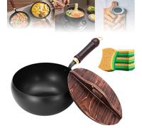 Japanese Iron Pan,Uncoated Iron Pan,Hand-Forged Non-Stick IronPan Without Coating,for Pots On Electric Stoves, Gas Stoves and Induction Cookers(Wooden Lid, 24cm/9.45in)