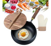 Japanese Iron Pan, Uncoated Non Stick Iron Pan for Cooking, 24/28/30cm Multiple Uses Cast Frying Pot, Hand Forged Big Belly Pot with Wooden Lid for Stoves, Induction Hobs (with lid, 28cm)