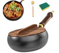 Japanese Iron Pan with Wooden Lid Forged,Uncoated Iron Pan 24cm/28cm Uncoated Non-Stick,Hand Forged Big Belly Pot for Natural Cooking,Gas Stove & Induction Stove